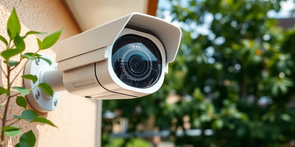 CCTV camera mounted on a wall in a residential area.