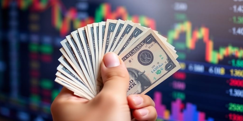 Hand holding dollar bills with stock market background.