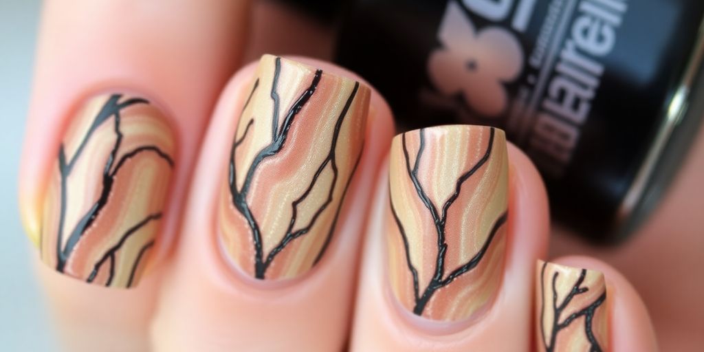 Unhas decoradas com textura de casca de árvore.