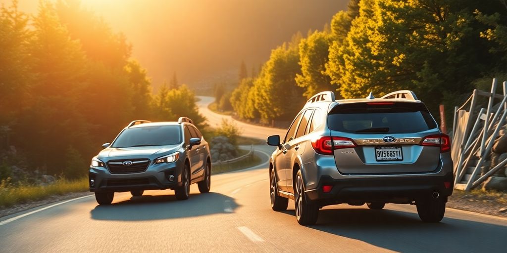 Subaru Outback driving on scenic mountain road.