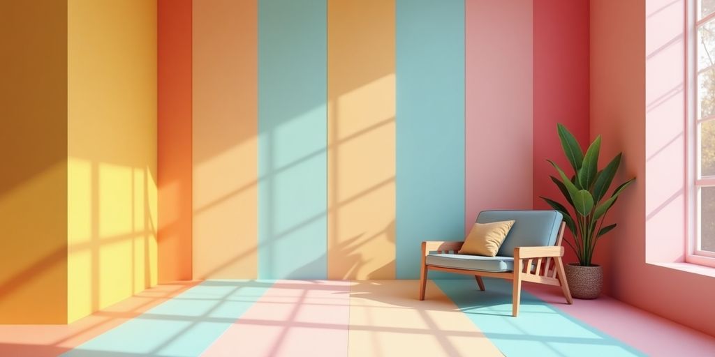 Vibrant striped wall painting in a stylish interior.