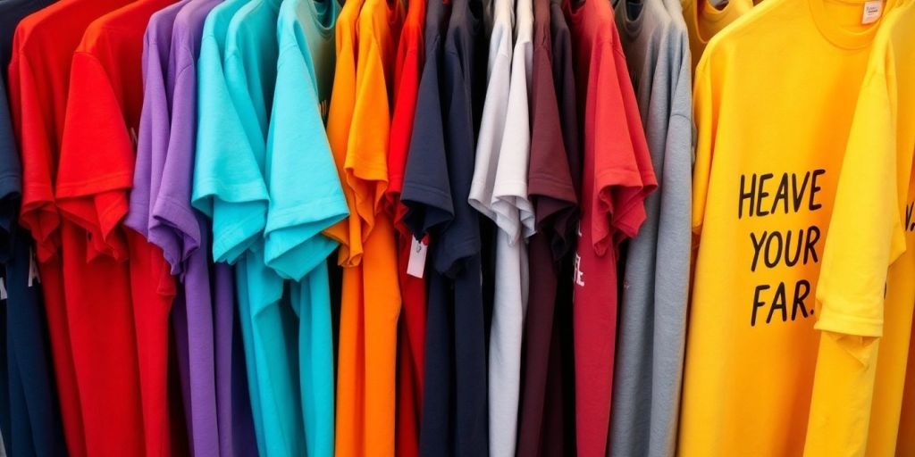 Colourful funny t-shirts hanging on a display rack.