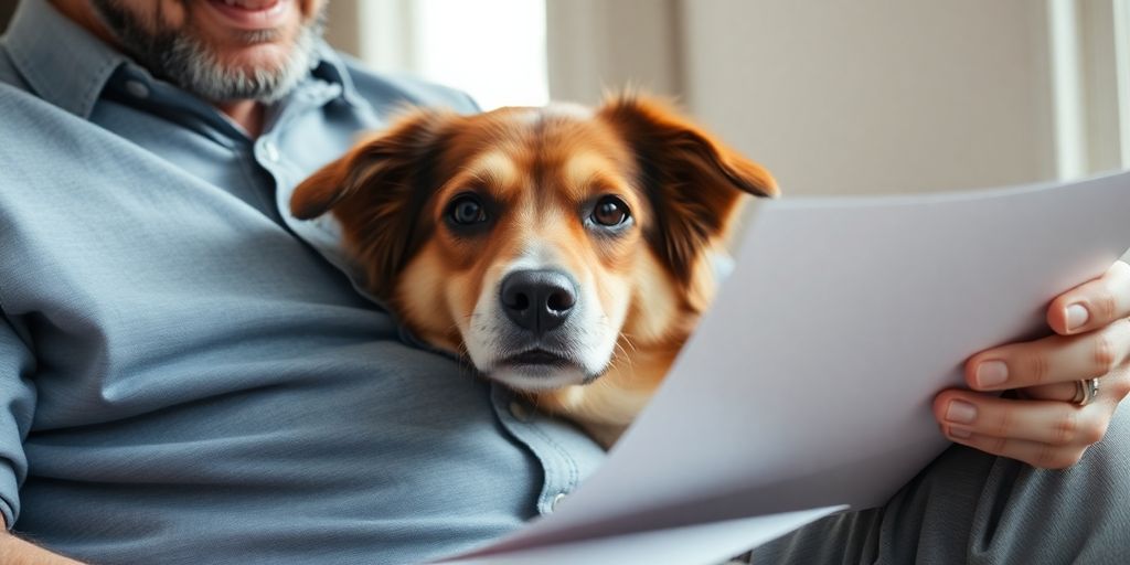 Senior dog and owner looking at insurance documents.