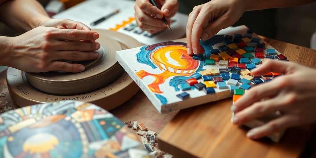 Hands molding clay, vibrant paint, colorful mosaic pieces.
