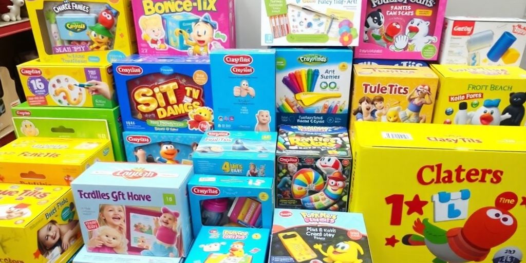 Colorful gift sets for kids arranged in a playful display.