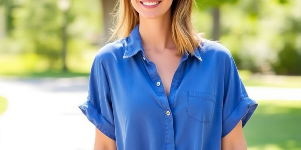 Woman wearing a casual blue shirt dress outdoors.