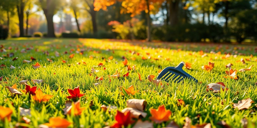 Vibrant fall lawn with green grass and fallen leaves.
