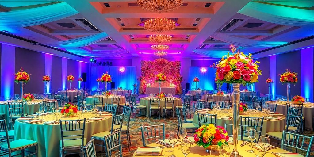 Ein festlich dekorierter Veranstaltungsraum mit Blumen und Lichtern.