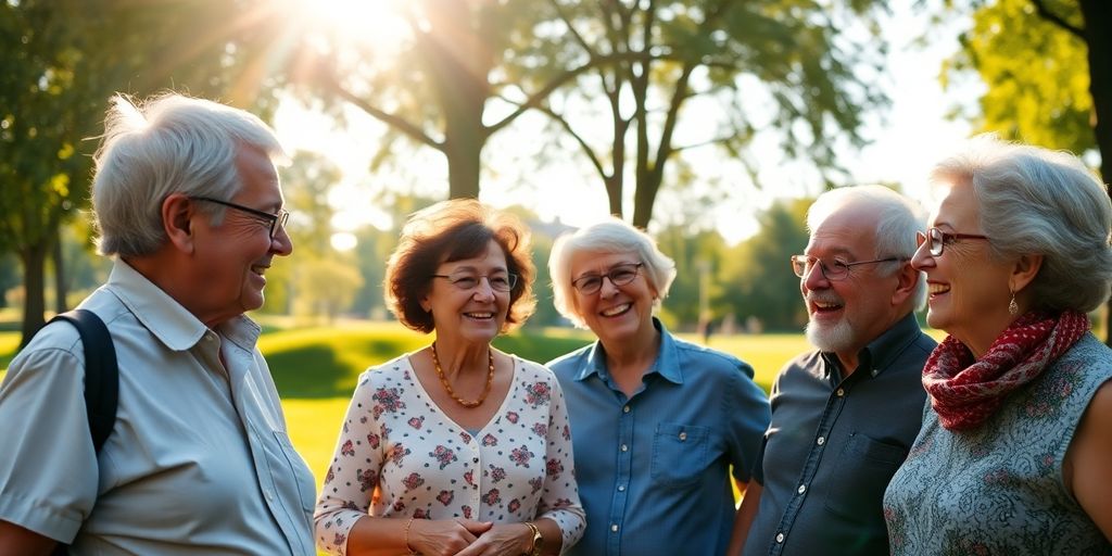 Seniors smiling and connecting outdoors.