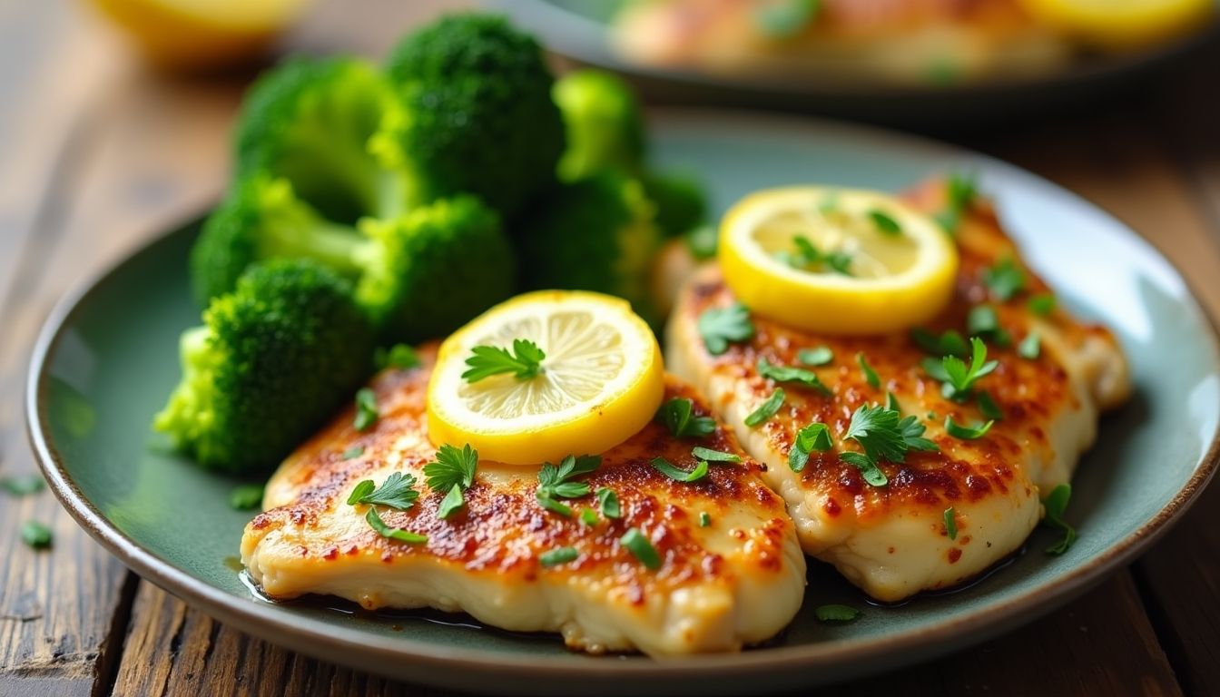 Keto Lemon Chicken with broccoli on a rustic table.