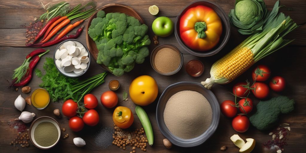healthy food ingredients on a rustic table with a person debunking myths