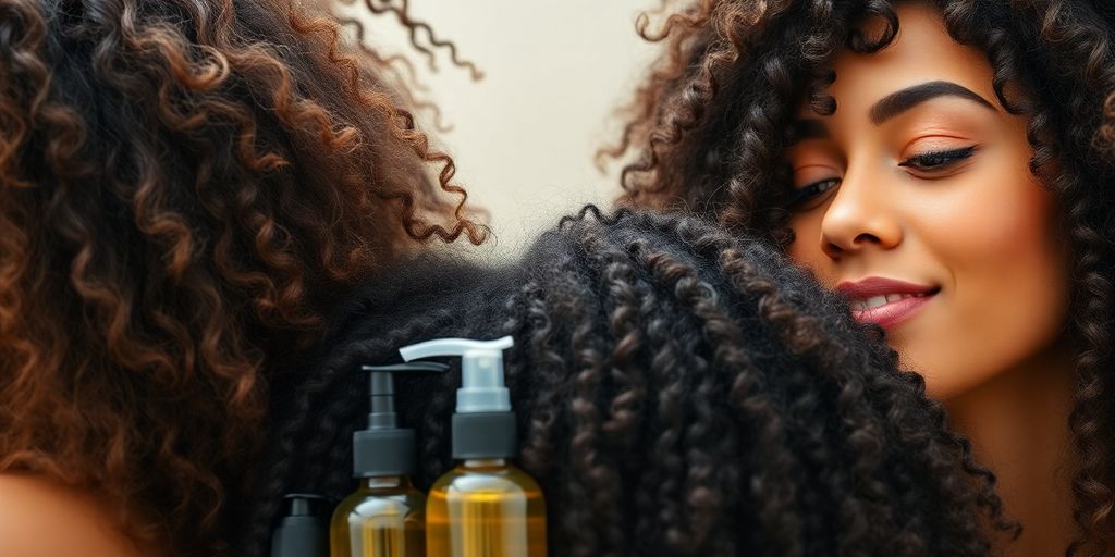 Healthy biracial hair styled with seasonal care products.