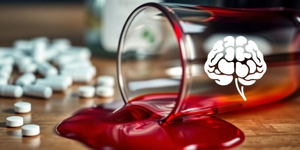 Wine glass with pills and brain illustration background.