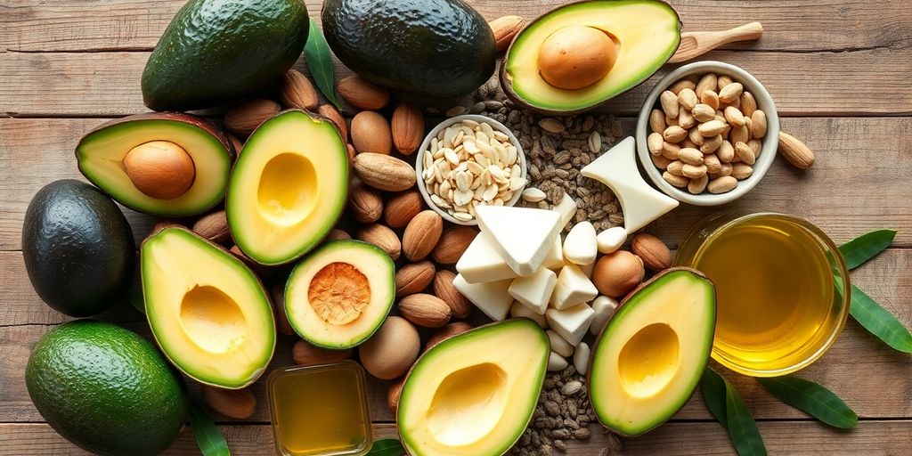 Assortment of healthy fats arranged artfully on a wooden table.