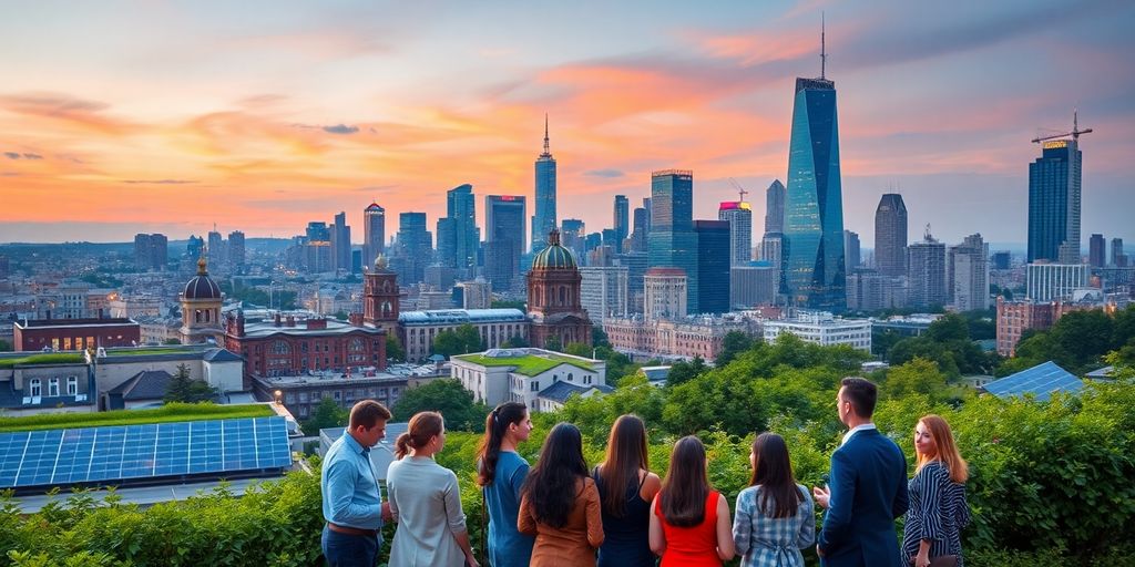 City skyline with green roofs and diverse professionals collaborating.
