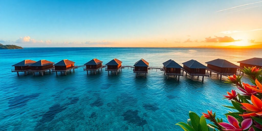 Overwater bungalows surrounded by clear blue waters and greenery.