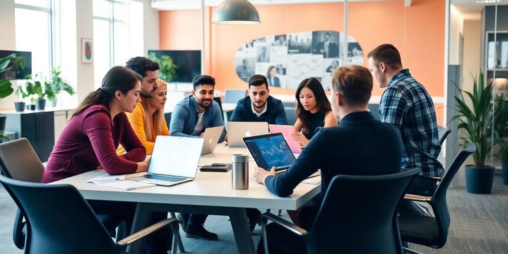 Diverse team collaborating in a modern office setting.