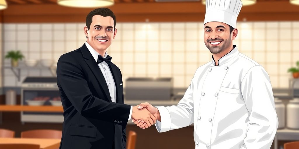 Chef and manager shake hands, smiling warmly.