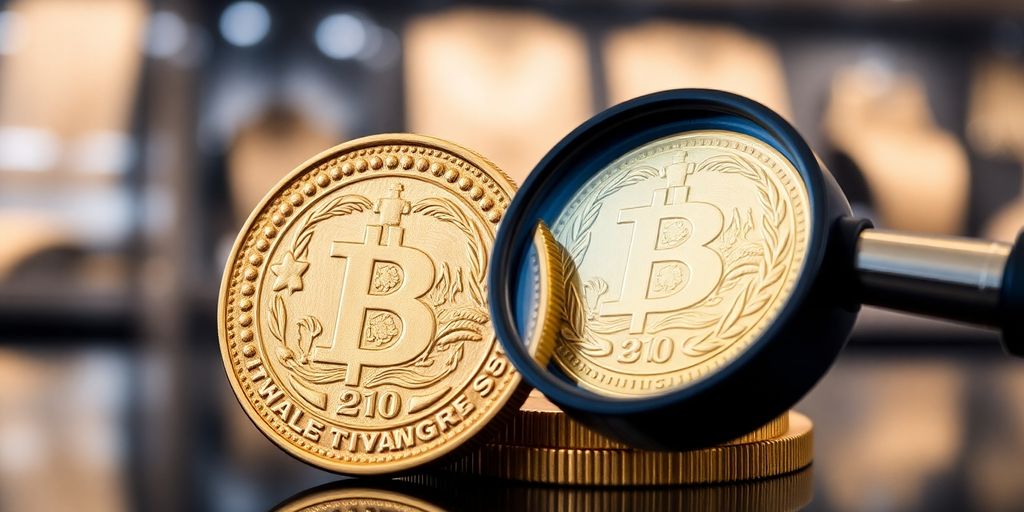 Monnaie en or avec une loupe sur fond flou.