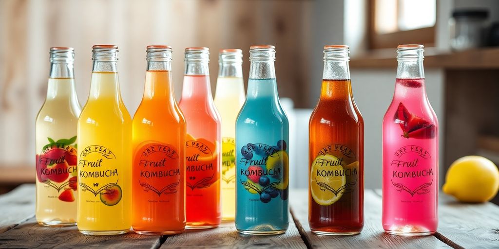 Bottles of colorful kombucha with fruit.