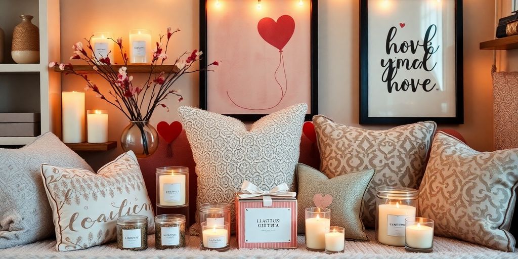 Assorted home decor gifts for Valentine's Day.