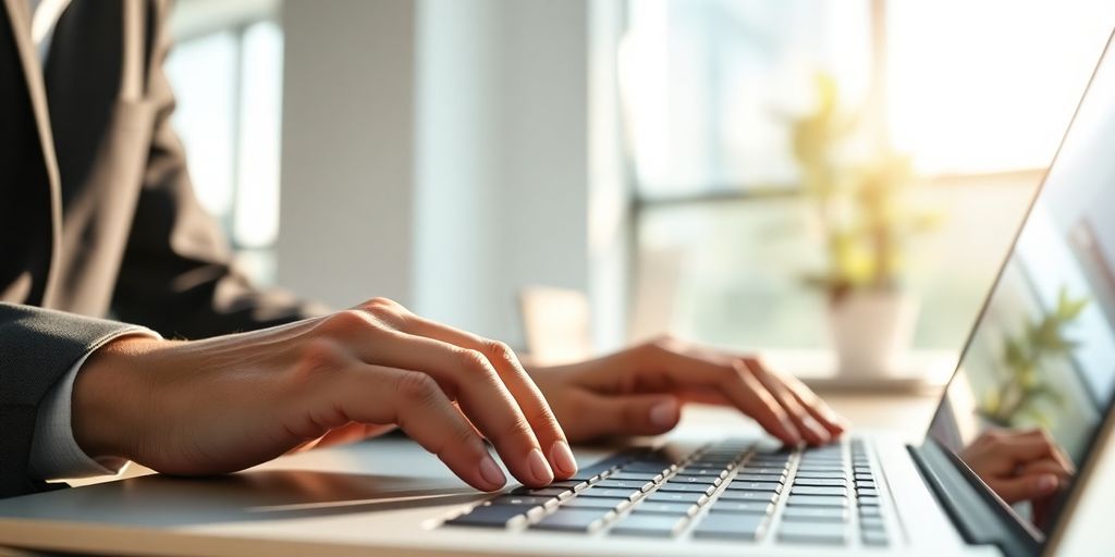 Marketing professional's hands on laptop.