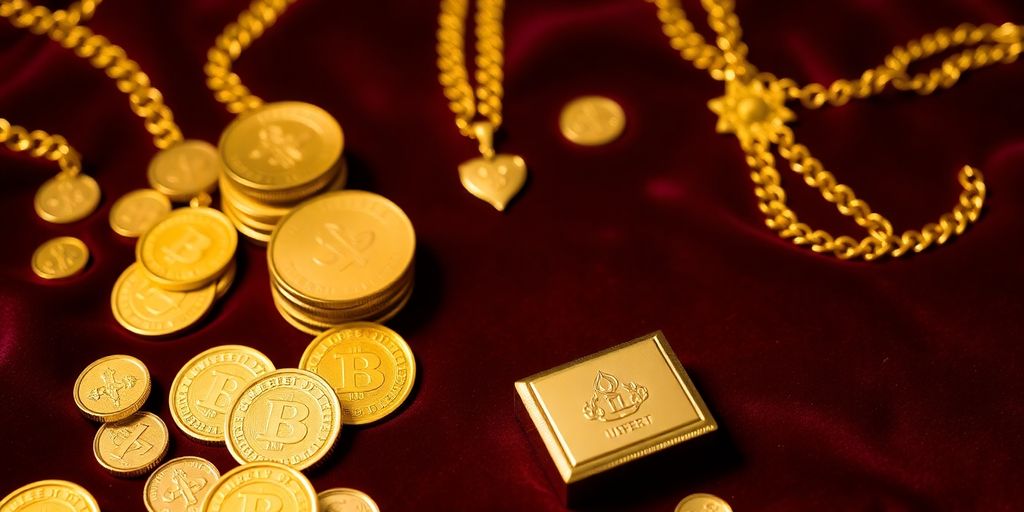 Héritage d'or avec des pièces et bijoux en or.