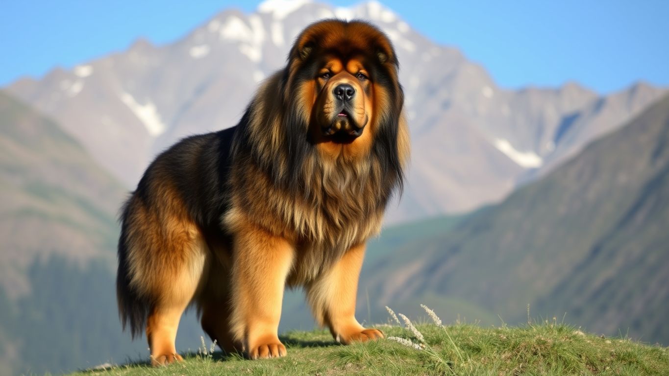 Tibetan Mastiff on a hill with mountains in background.