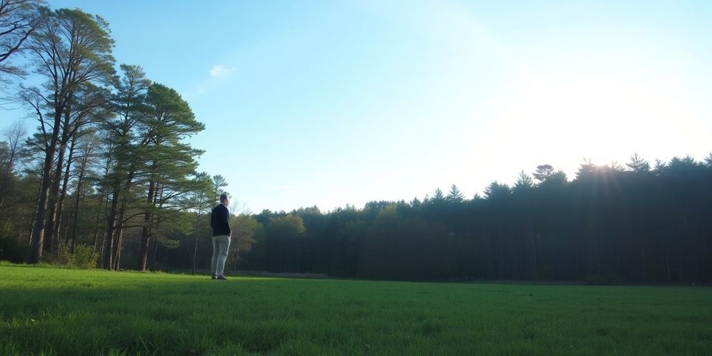 A tranquil forest scene with sunlight and a distant figure.