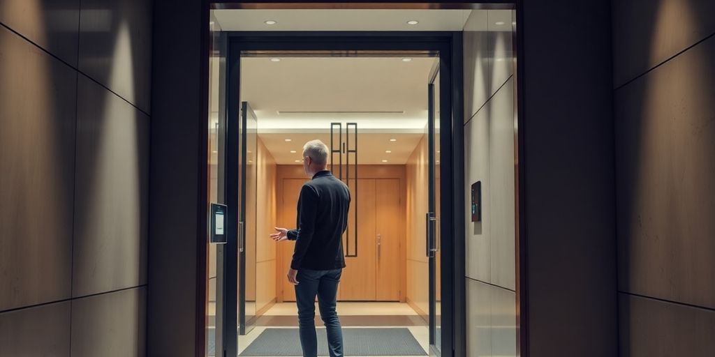 Modern building entrance with ButterflyMX device.