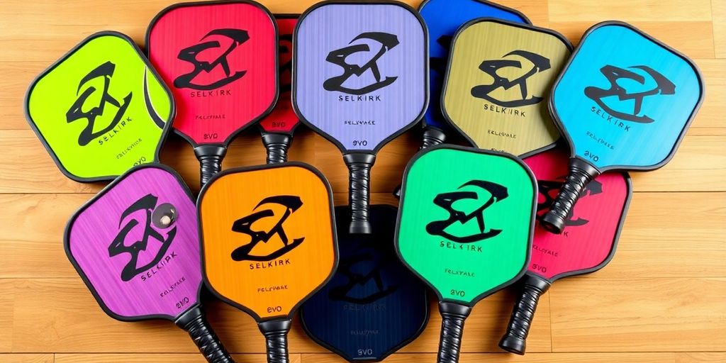 Various colorful Selkirk Evo pickleball paddles on display.