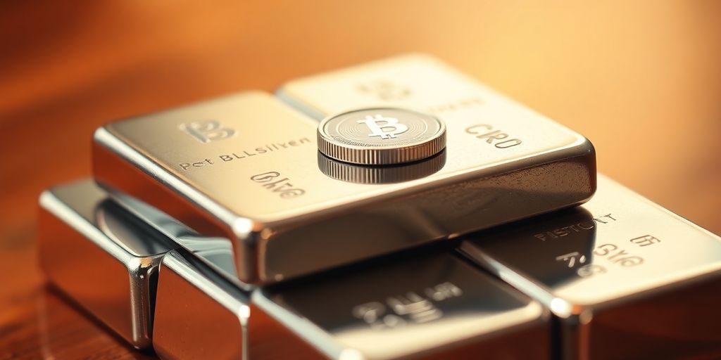 Lingots d'argent empilés, pièce brillante