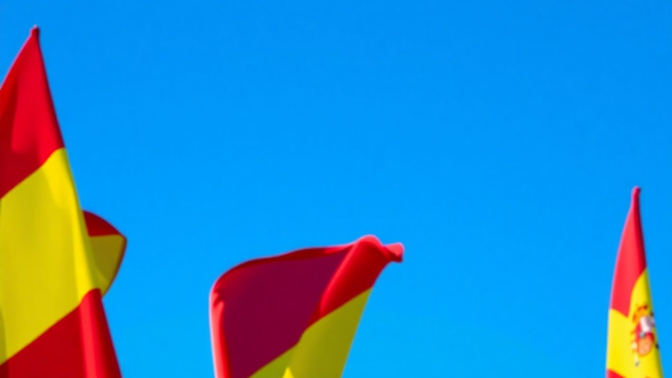 Bandeira da Espanha tremulando, céu azul