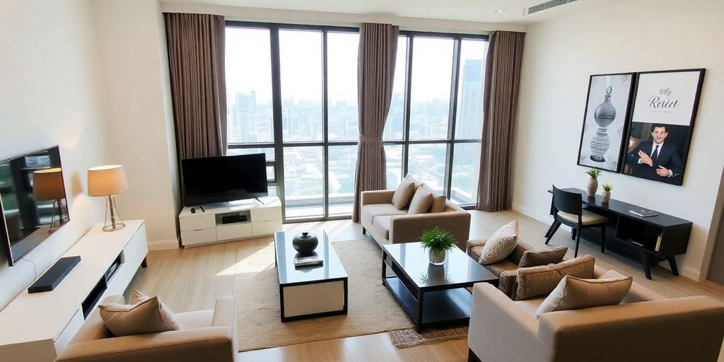 Modern 2 bedroom apartment interior in Bangkok.
