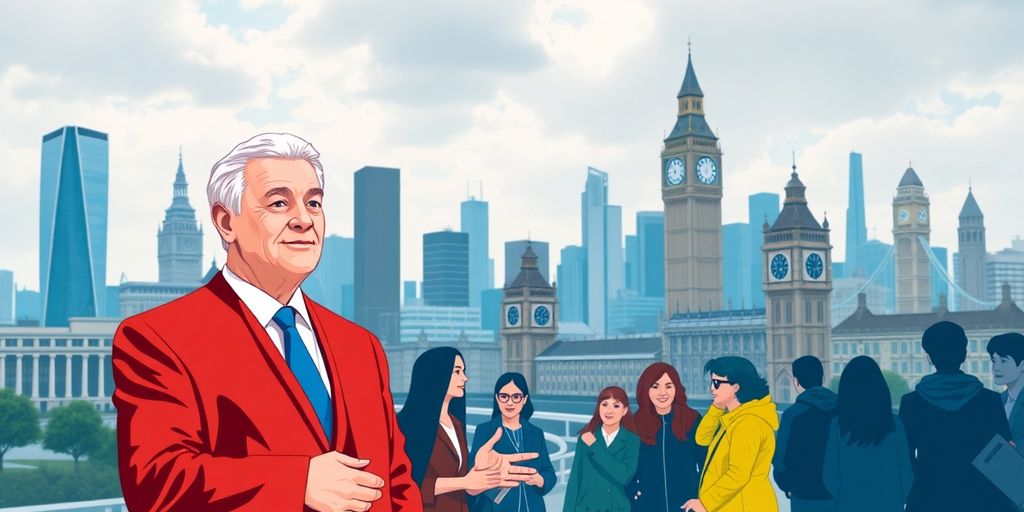 Mayor interacting with community against a city skyline backdrop.