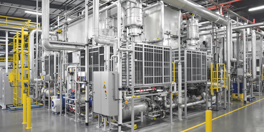 Industrial refrigeration machinery in a factory environment.