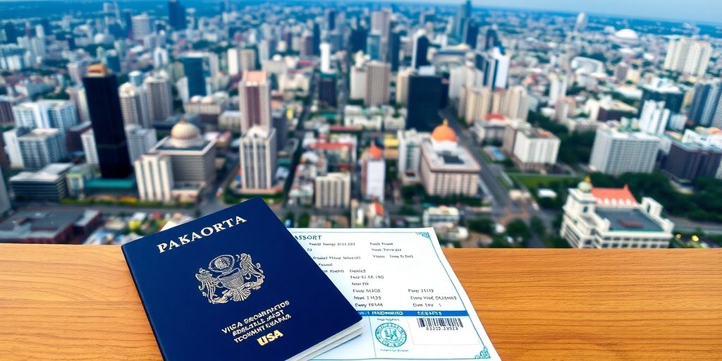 Jakarta skyline with a passport and visa documents.
