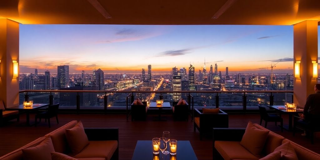 Elegant rooftop bar with Bangkok skyline at dusk.