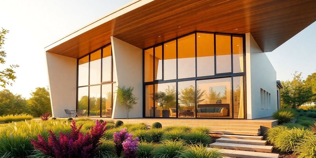 Modern eco-friendly prefab home featuring PU sandwich panels and greenery