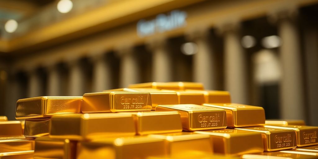 Des barres d'or empilées dans une banque.