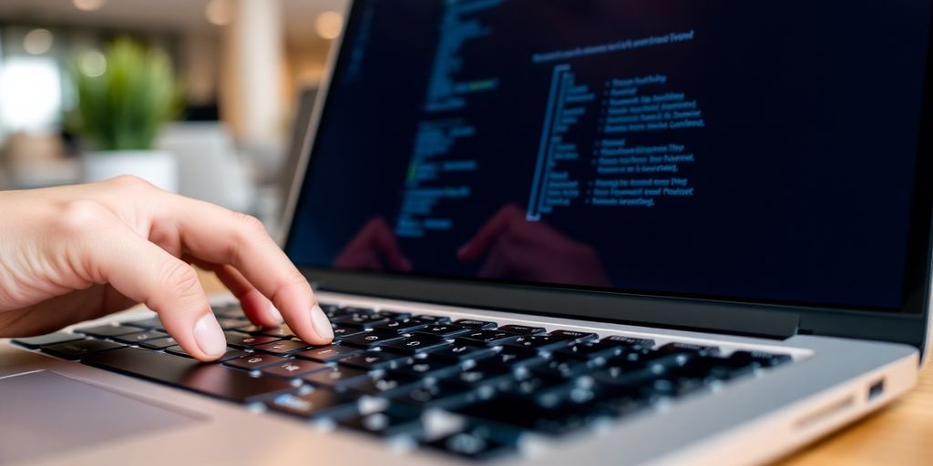 Teclado de laptop em ambiente moderno e desfocado.