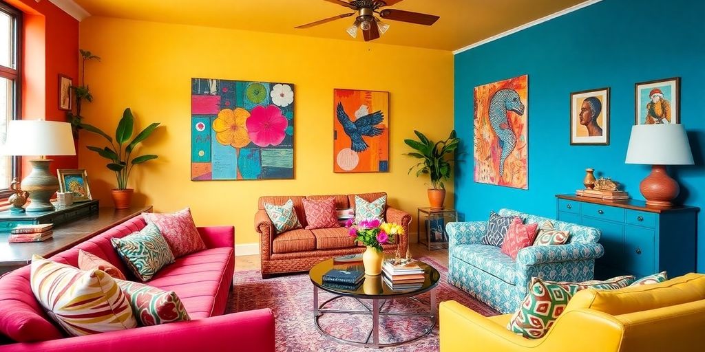 Colorful living room with eclectic decor and vibrant cushions.