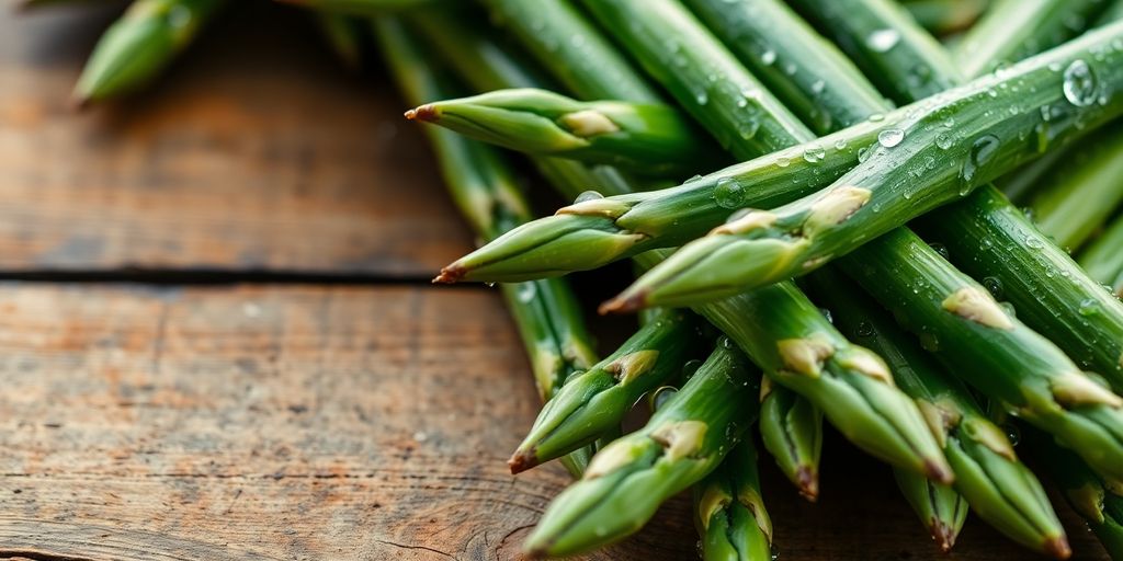 Fresh asparagus spears on a wooden table surface.