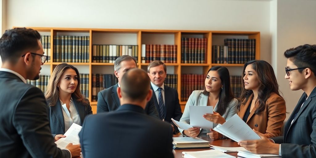 Lawyers collaborating in a professional office setting.