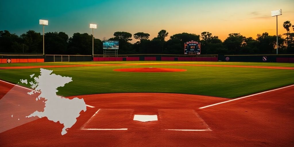 Baseball stadium at dawn with travel map overlay.