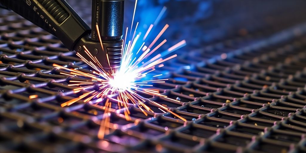 Close-up of mesh welding with high-strength coatings applied.