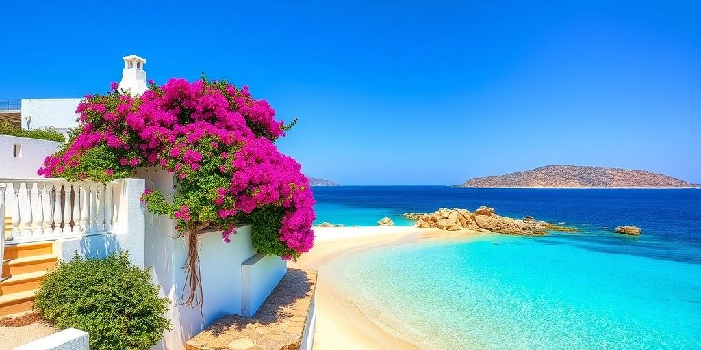Vibrant Greek island villa with azure sea backdrop.