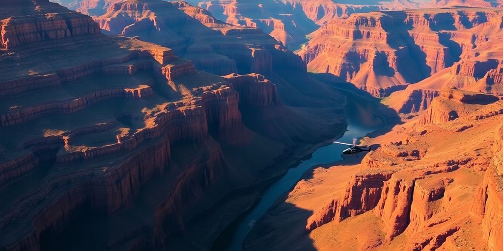 A helicopter flying over the Grand Canyon South Rim.