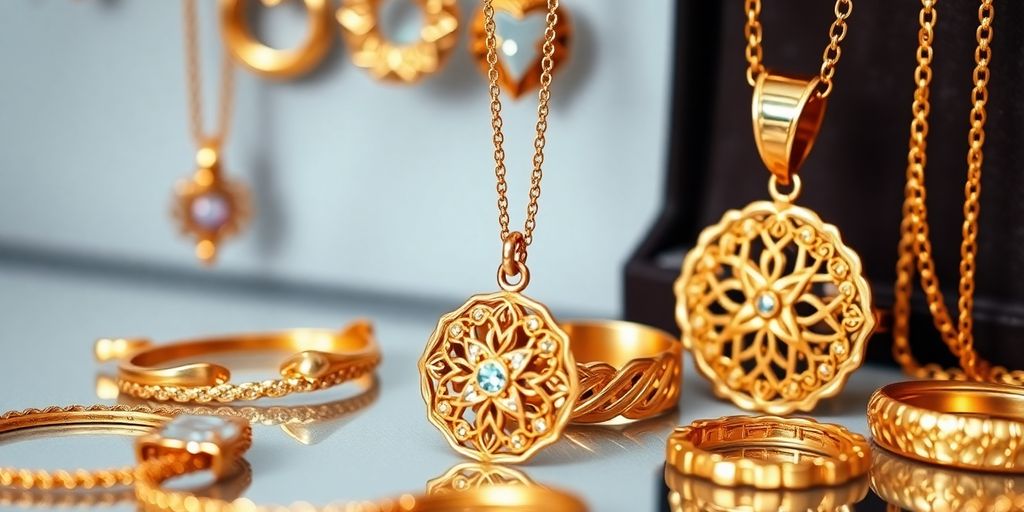 Bijoux en or brillants sur fond neutre.
