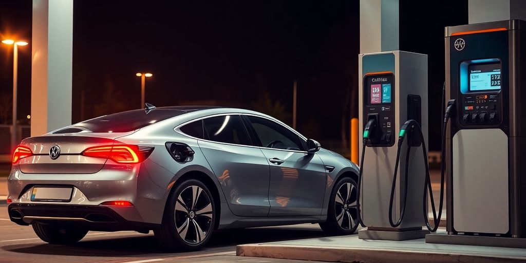 Electric car plugged in charging next to a gas pump.